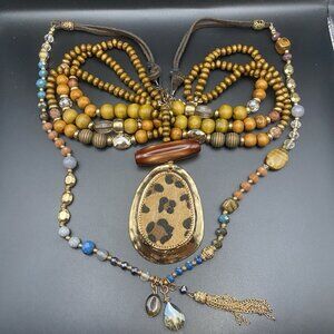 C1946 Boho Statement Necklace Lot of 2 MultiStrand Beaded Tassel Leopard Pendant